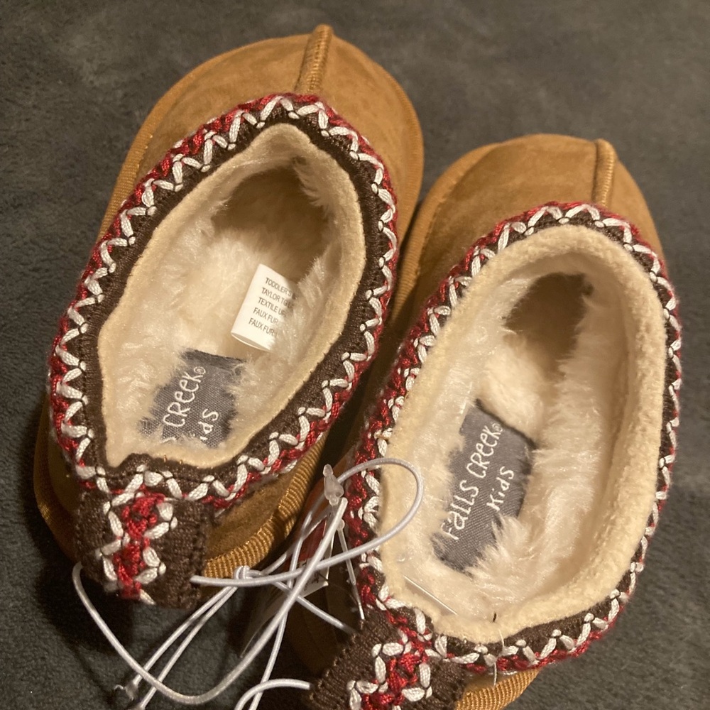 Tan Suede Slip-On Moccasin Slippers with Red & White Trim - Picture 2 of 5